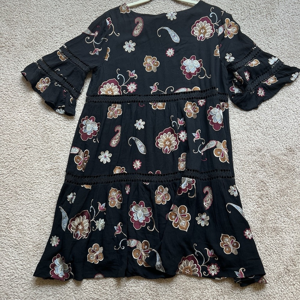 Anthropologie‎ Eri Ali Black Short Dress Embroidered Flowers Ruffled Sleeves M - Picture 10 of 10